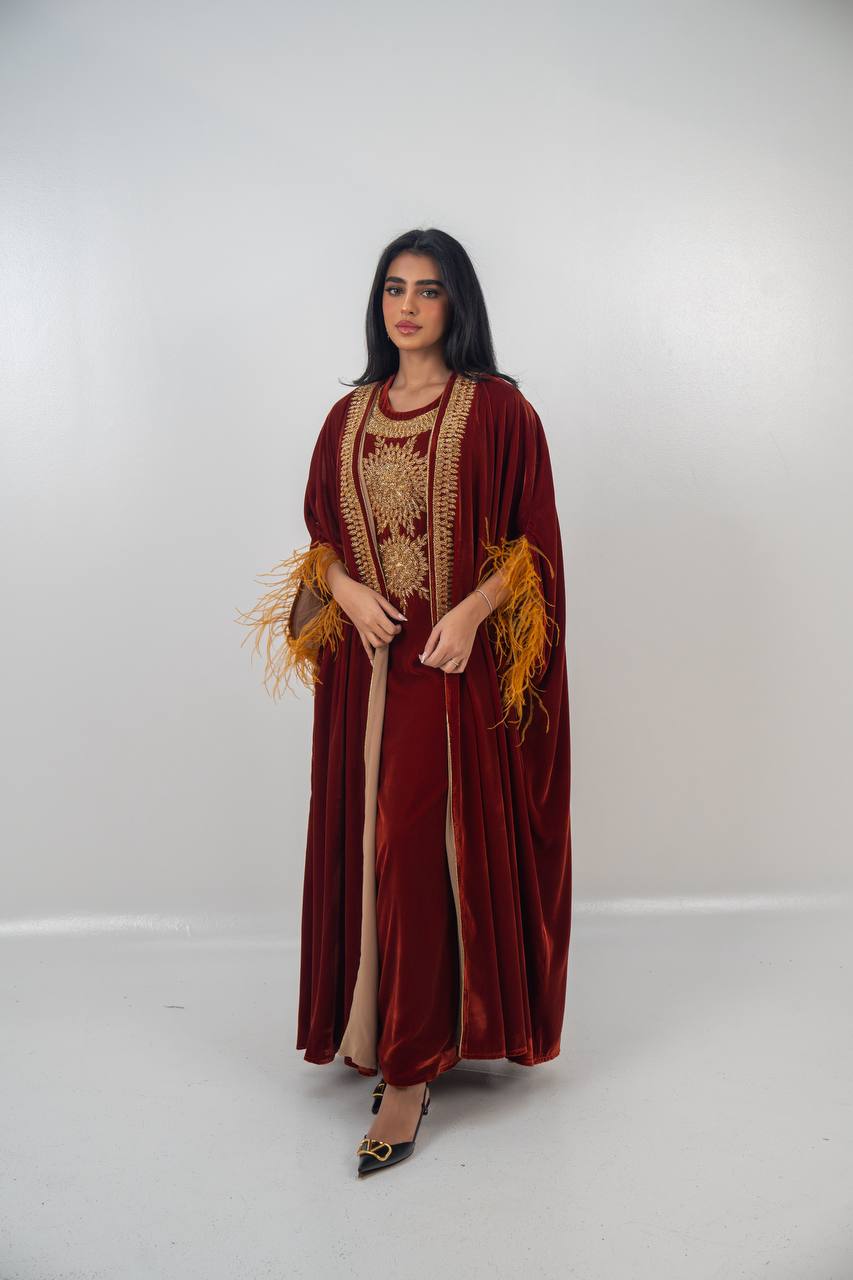 Bisht and dress set in burgundy velvet with hand embellishment.C:6714