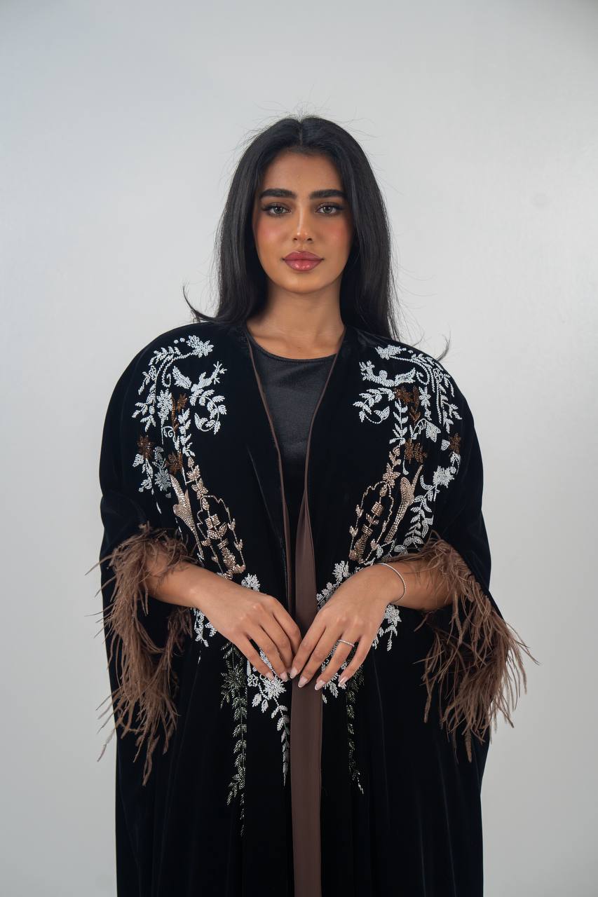 Velvet bisht and jumpsuit set in black with hand embellishment.C:6719