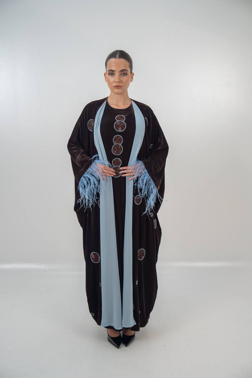 Bisht and dress set in brown velvet with hand embellishment.C:6718