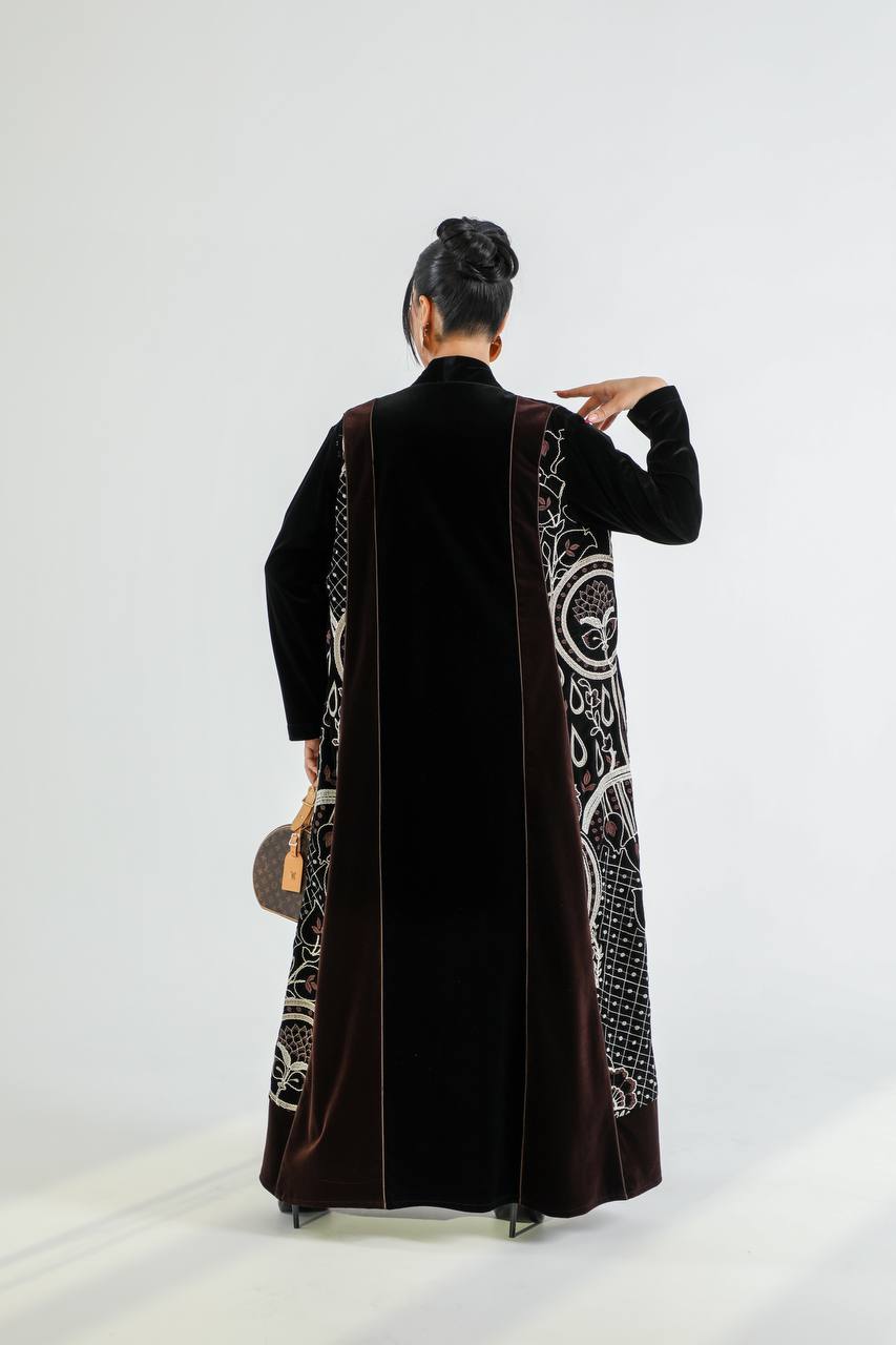 Black and brown velvet abaya with embroidery. C:6725