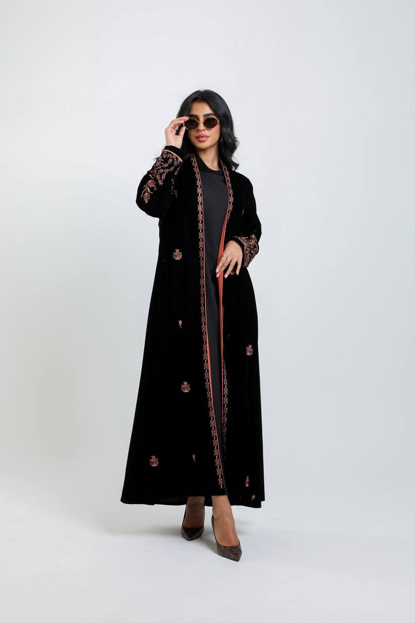Black velvet abaya with orange embroidery. C:6721