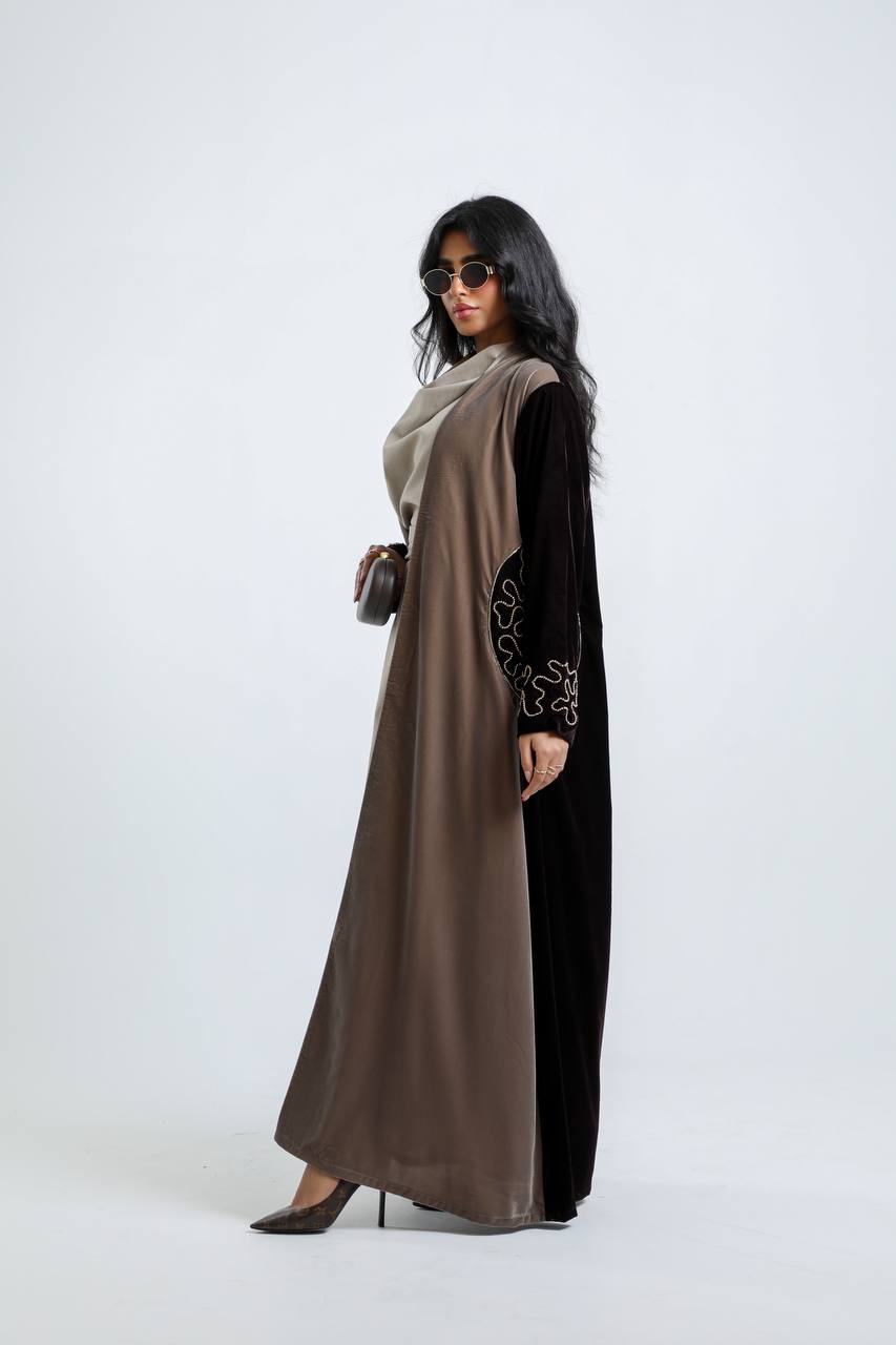 A velvet abaya in brown and beige with hand embroidery.C:6724