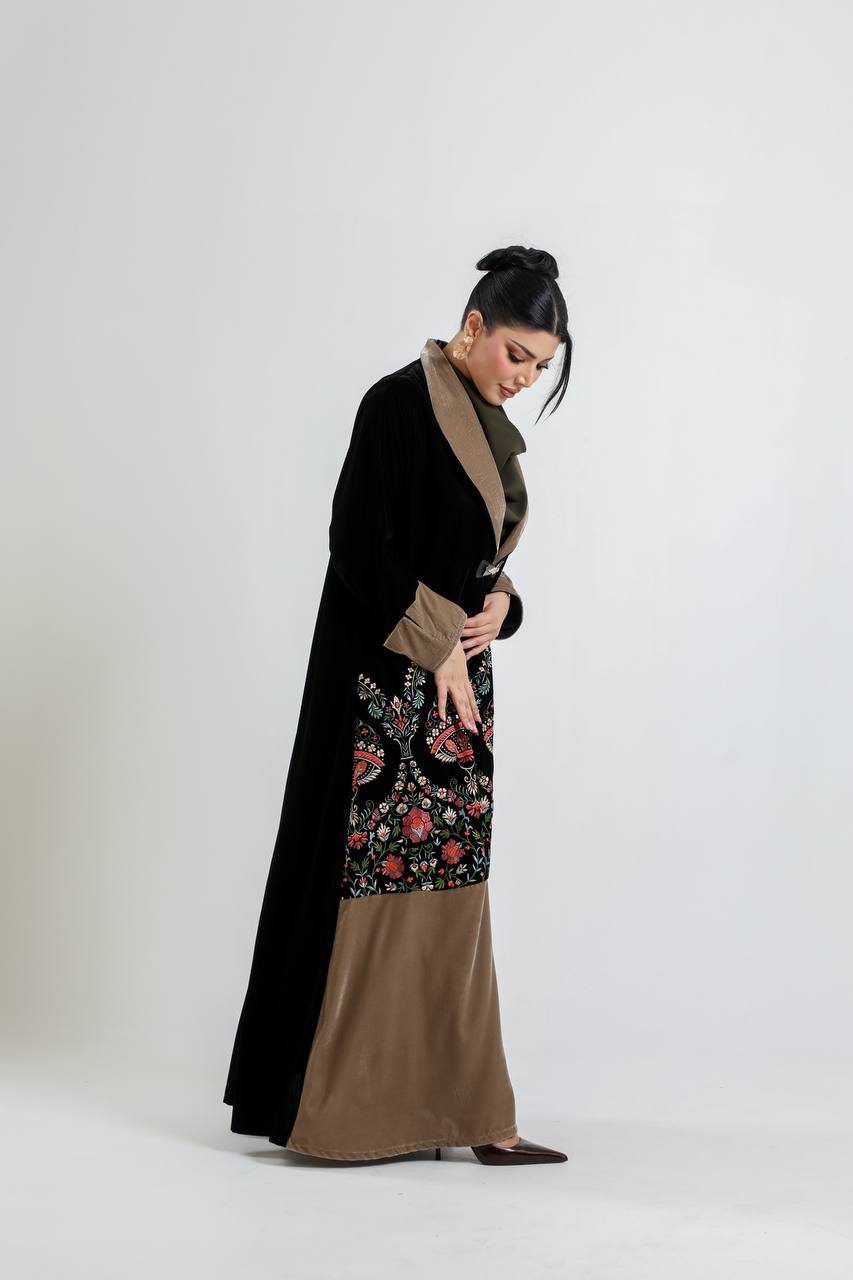 Black velvet blazer abaya with embroidery.C:6723