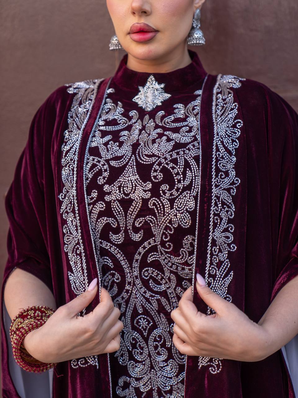 Burgundy velvet abaya and dress set. C:6731