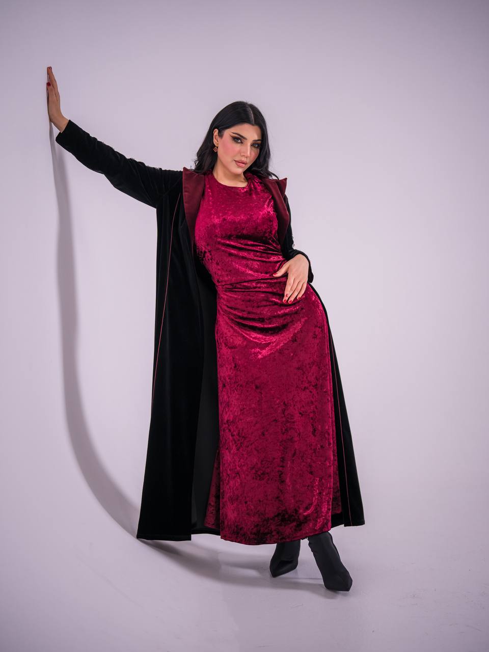 Black velvet blazer abaya with hand-stitched details. C:6735