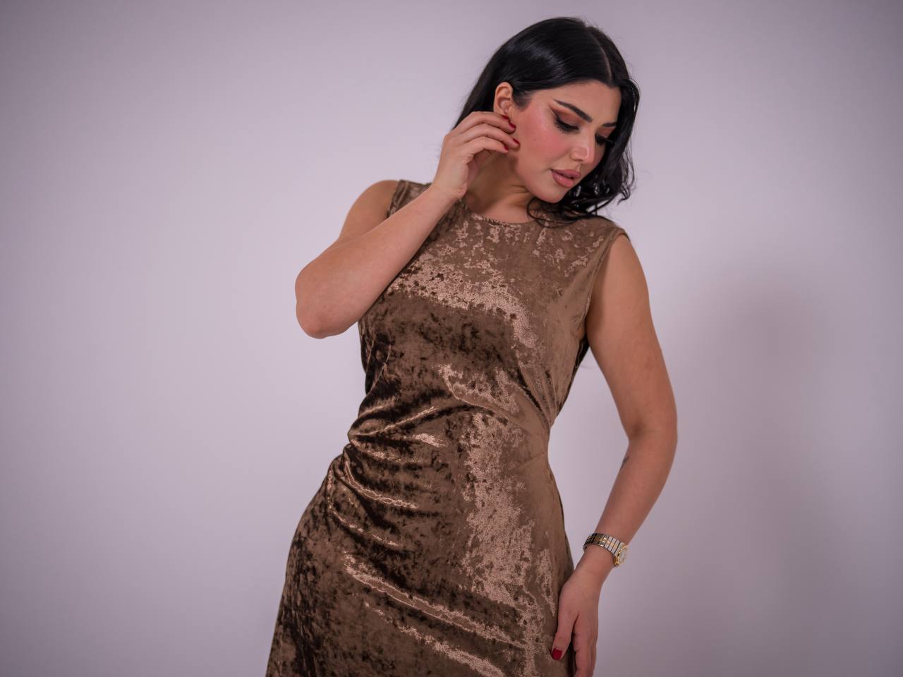 brown stretch velvet dress. C:223 Brown