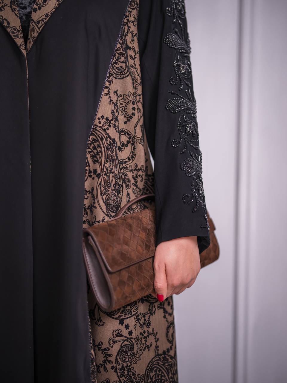 Plain black crepe blazer abaya with brown printed crepe. C:6733 Brown