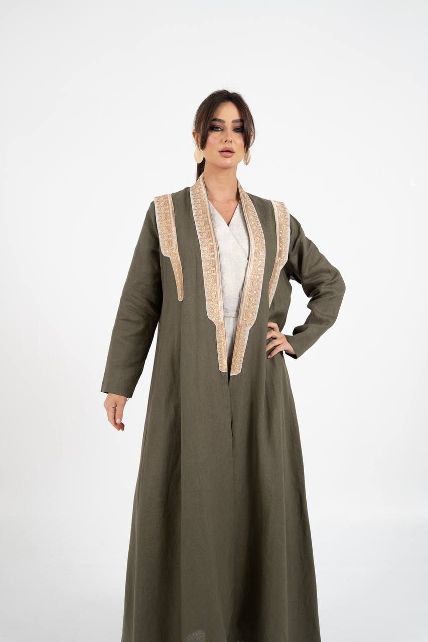Linen abaya in olive green with embroidery. C:6762