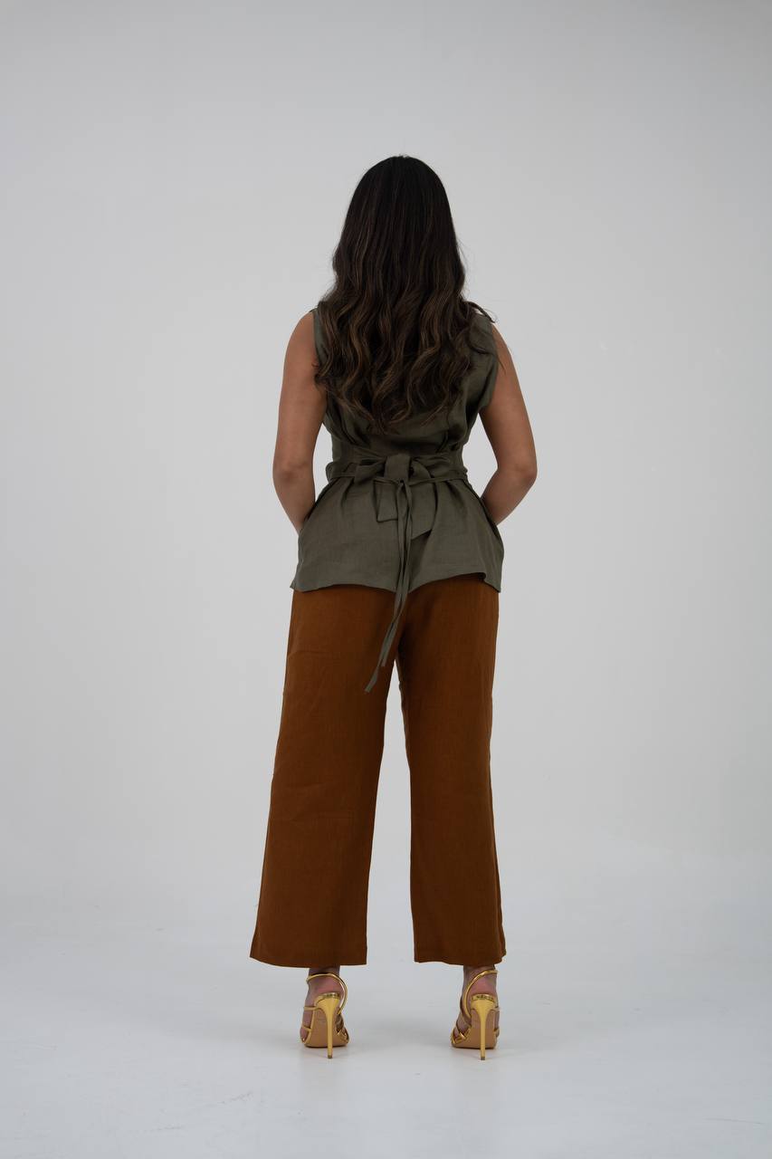 Linen blouse and pants set. C:229 Green/Camal
