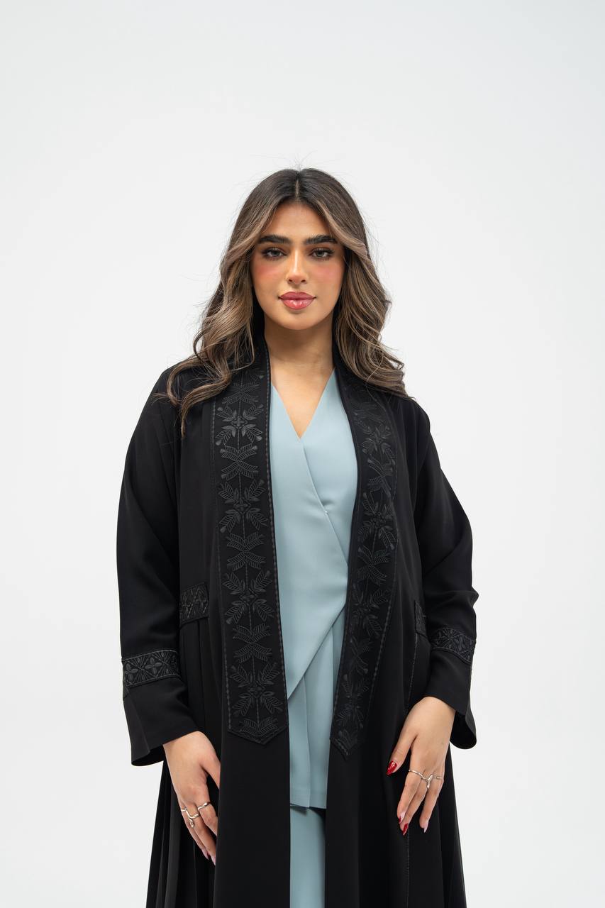 Black crepe abaya with hand-stitched details.C:6700 black crepe