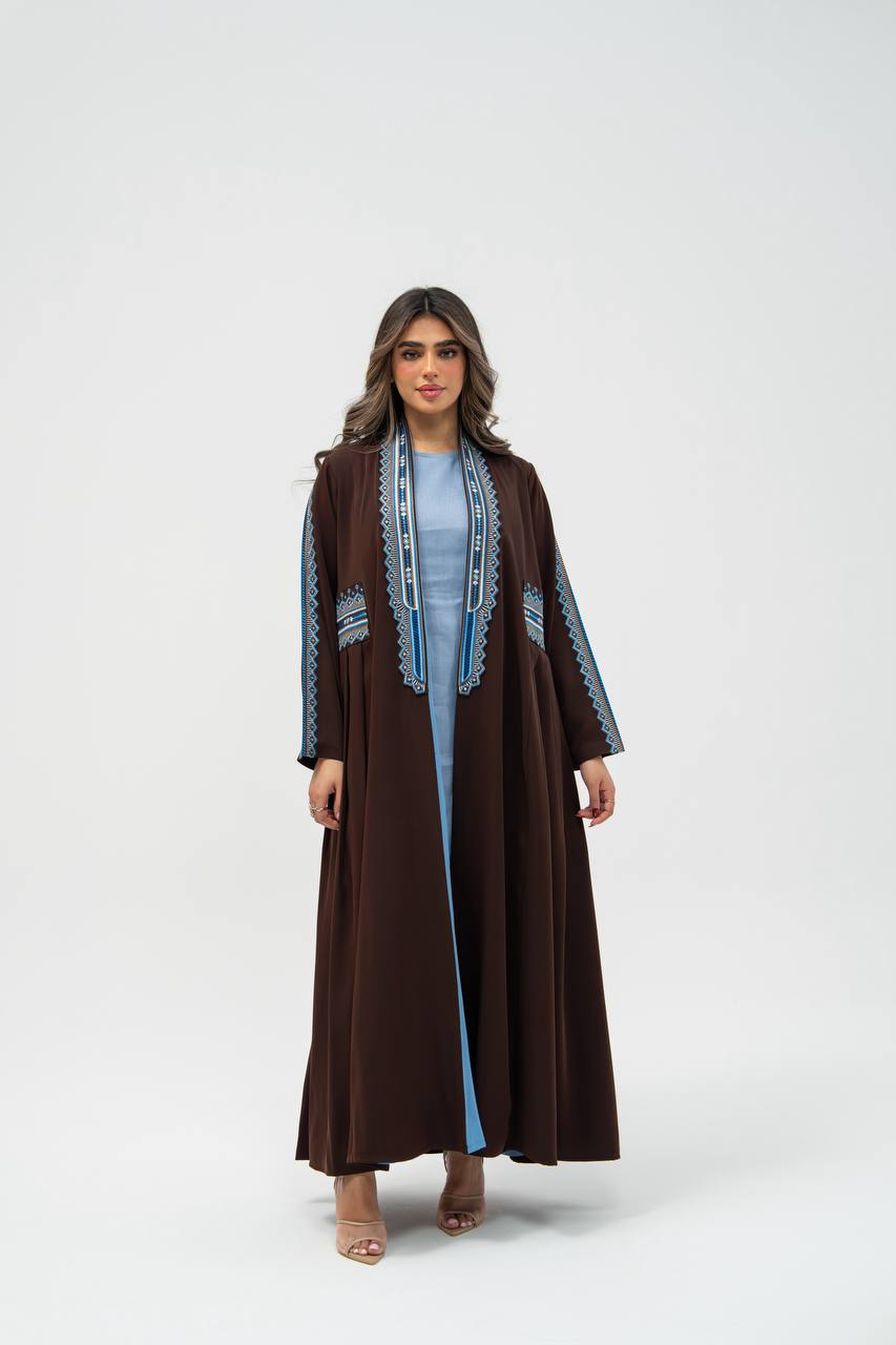 Brown crepe fabric abaya with embroidery. C: 6702 brown crepe