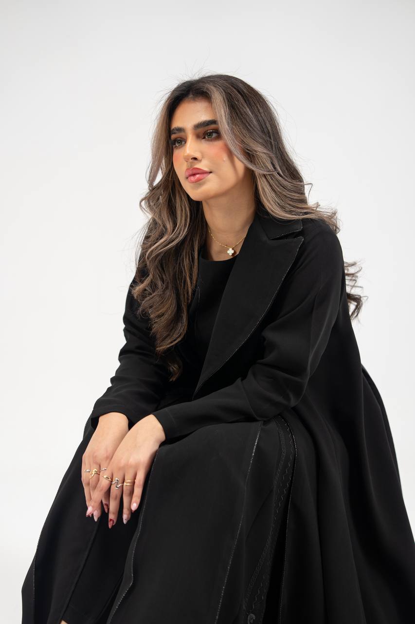 Black crepe abaya with embroidery. C:6770 BLACK