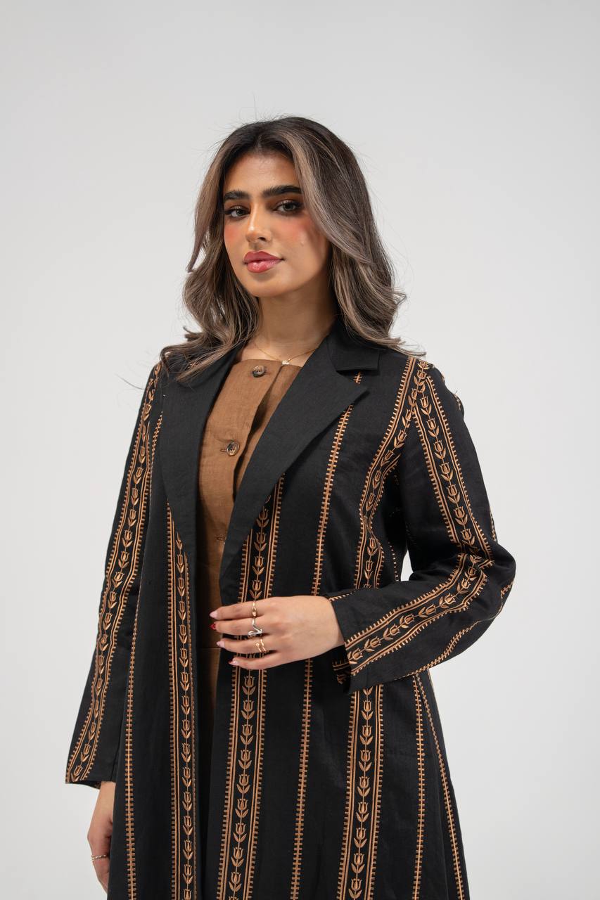 Linen abaya in black with embroidery. C:6764