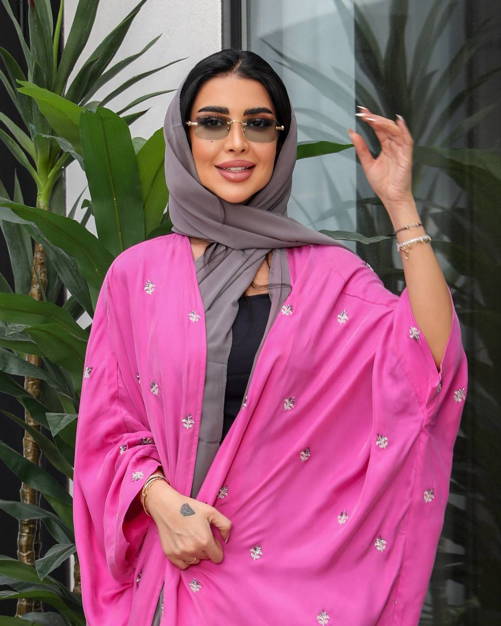 Pink silk crepe abaya with hand embroidery and beading. C:6387