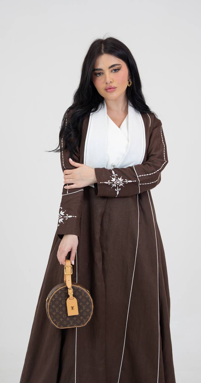 Linen abaya in brown with embroidery. C:6782
