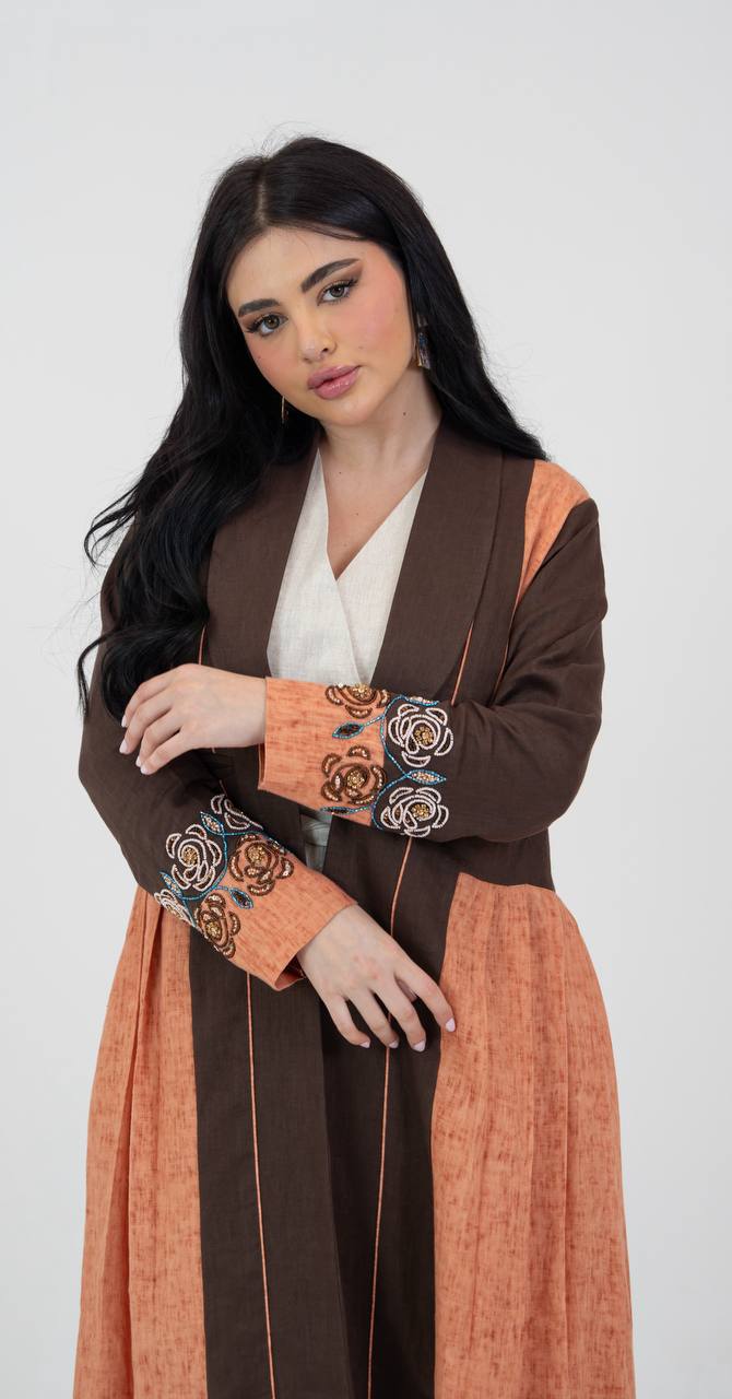 Linen abaya in brown and orange with hand-beading. C:6781