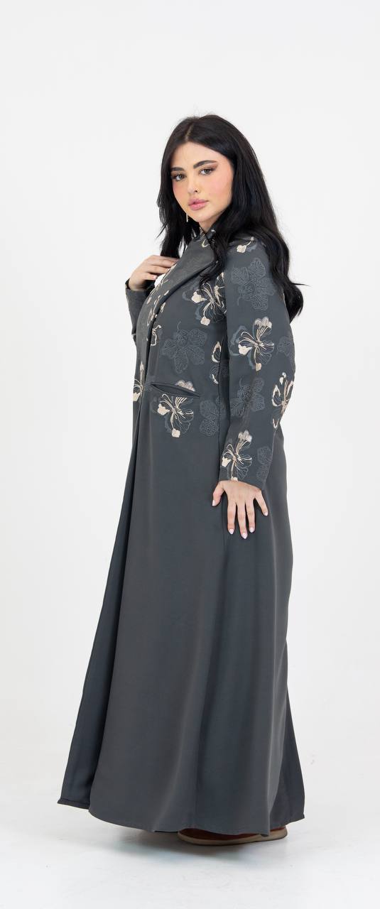 Crepe abaya in gray with embroidery. C:6765