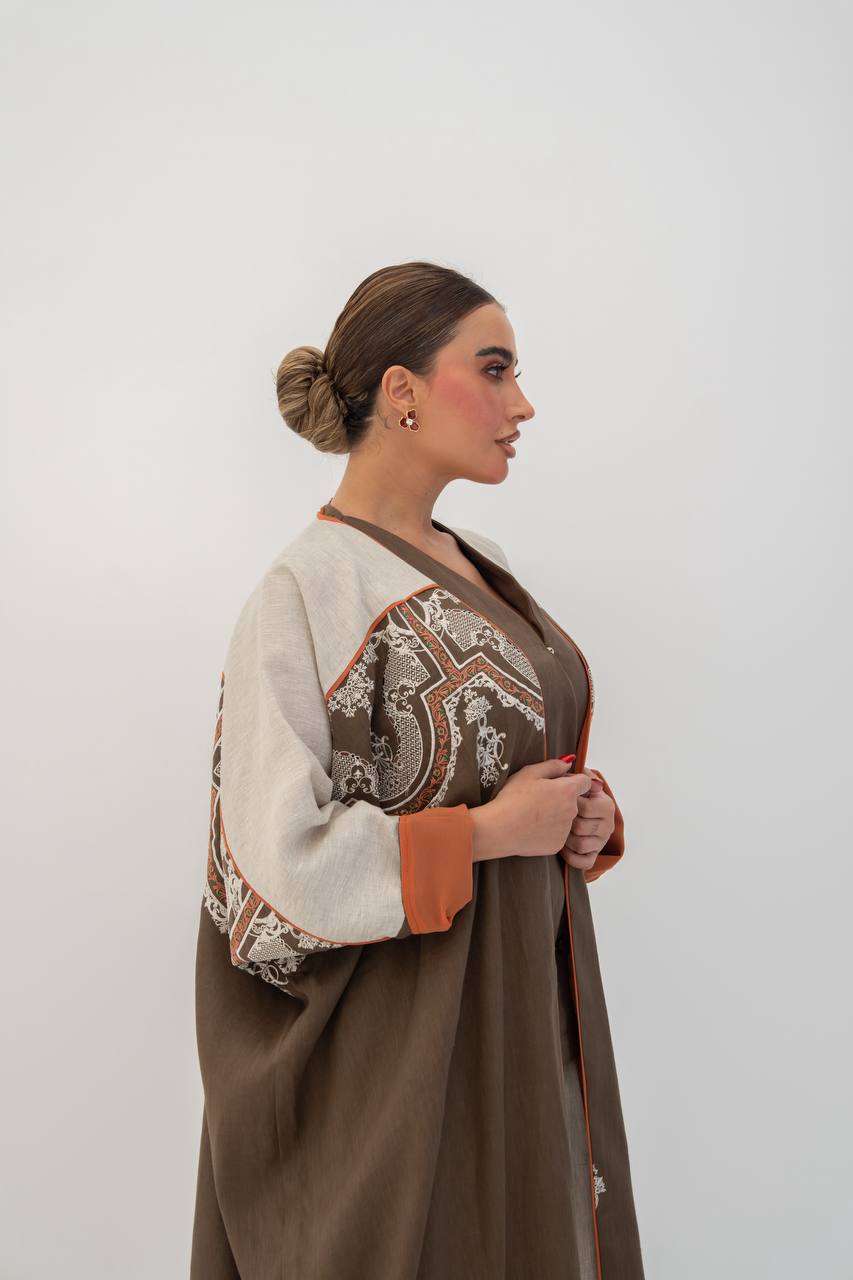 Brown linen abaya with embroidery. C:6785