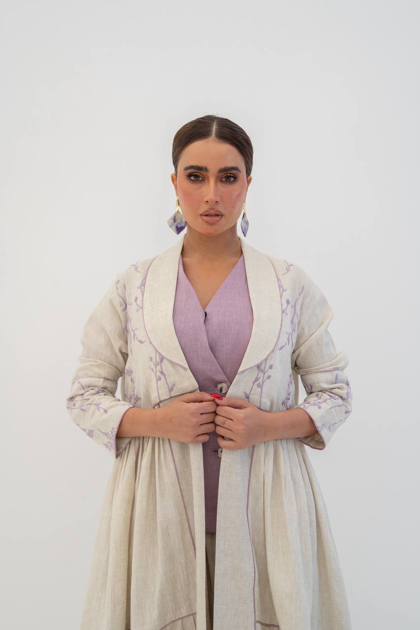 Beige linen abaya with embroidery. C:6786