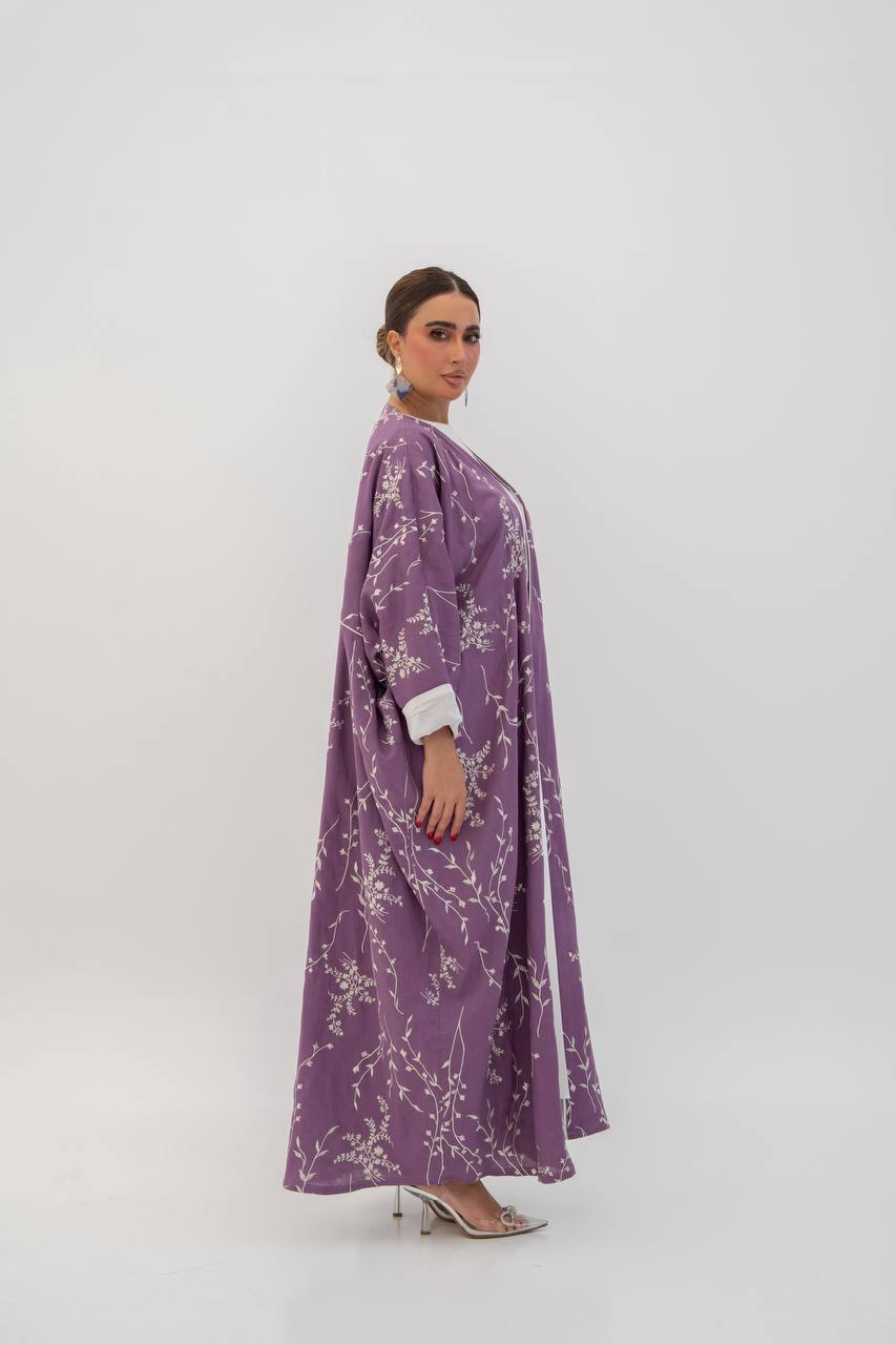 Linen abaya in purple with embroidery. C:6784