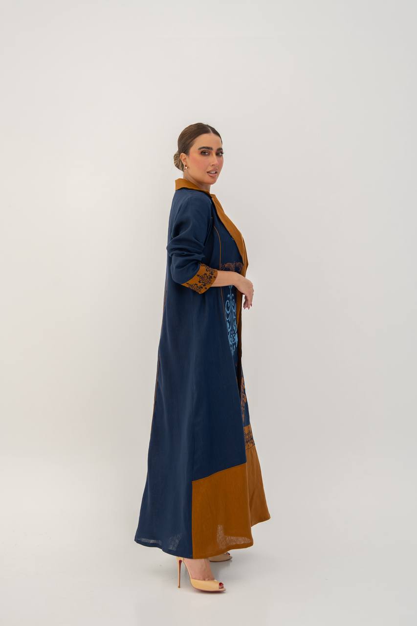 Linen abaya in navy blue with embroidery.C:6783
