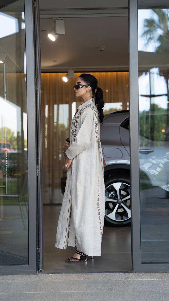 Beige linen abaya with embroidery. C:6683