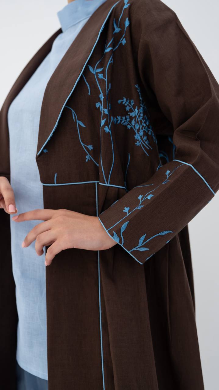 Beige linen abaya with embroidery.C:6786