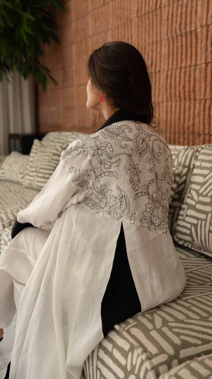 White linen blazer abaya with embroidery.C:6793