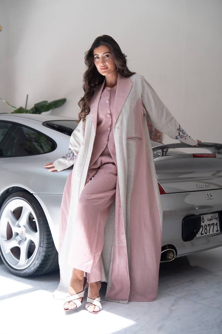 Beige linen blazer abaya with embroidery.C:6800