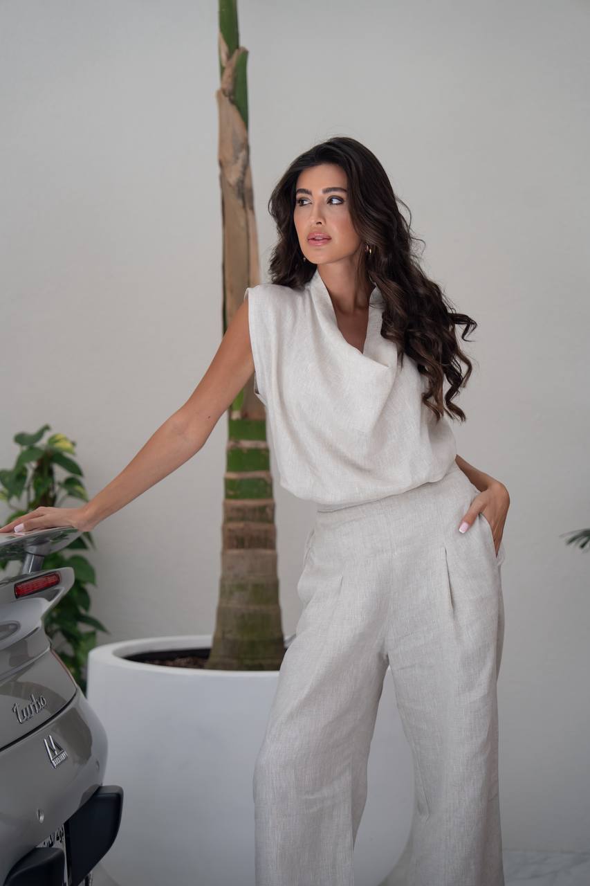 Beige linen blouse and pants set.C:240