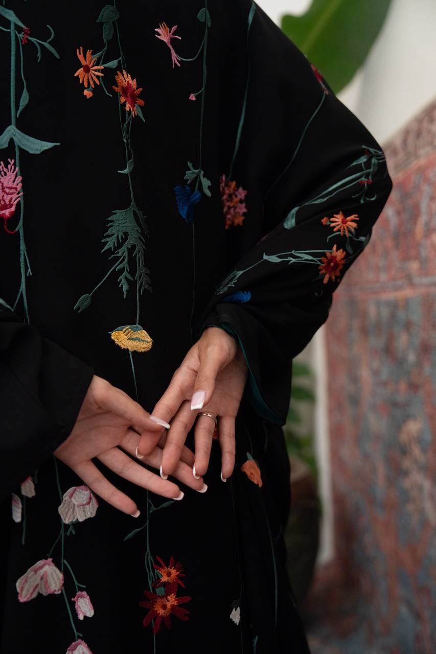 Black linen abaya with embroidery.C:6802