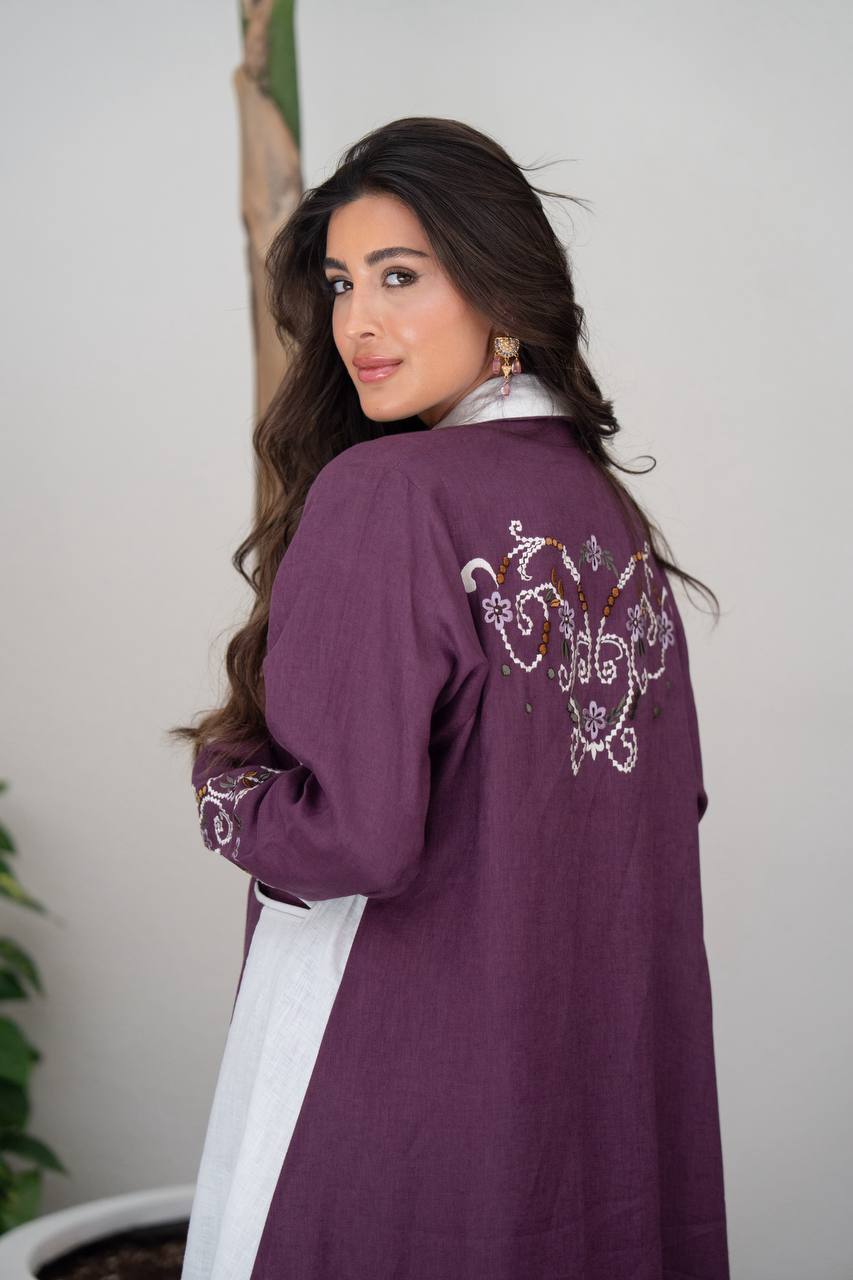 Purple linen blazer abaya with embroidery.C:6801