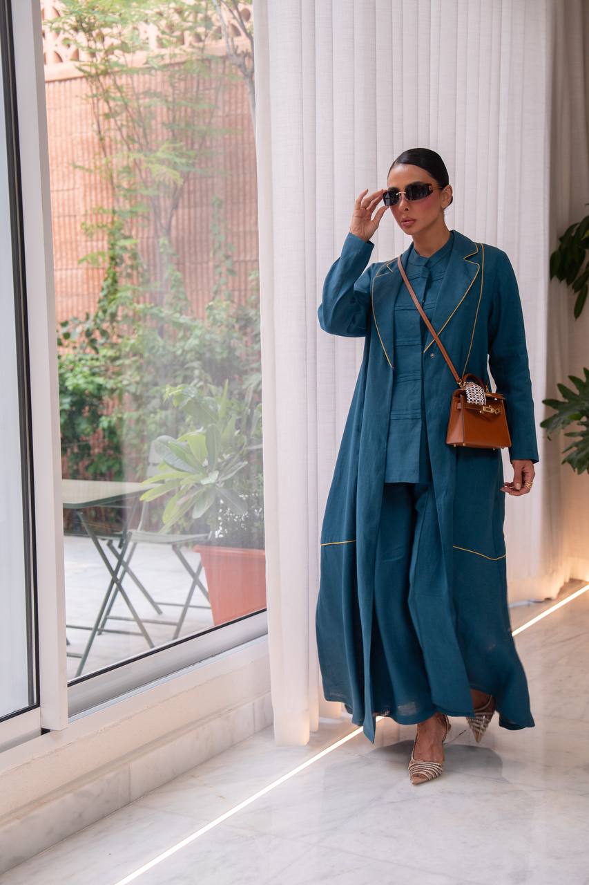 Turquoise linen abaya.C:6805