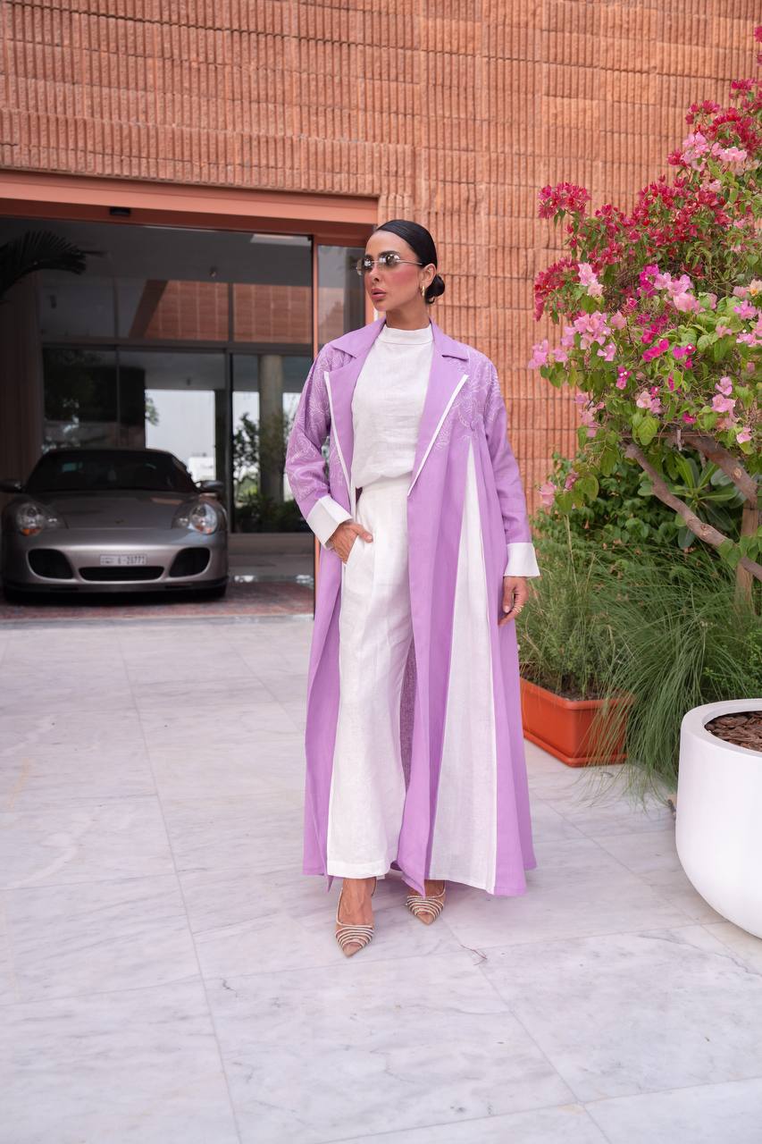 Purple linen blazer abaya with embroidery. C:6793