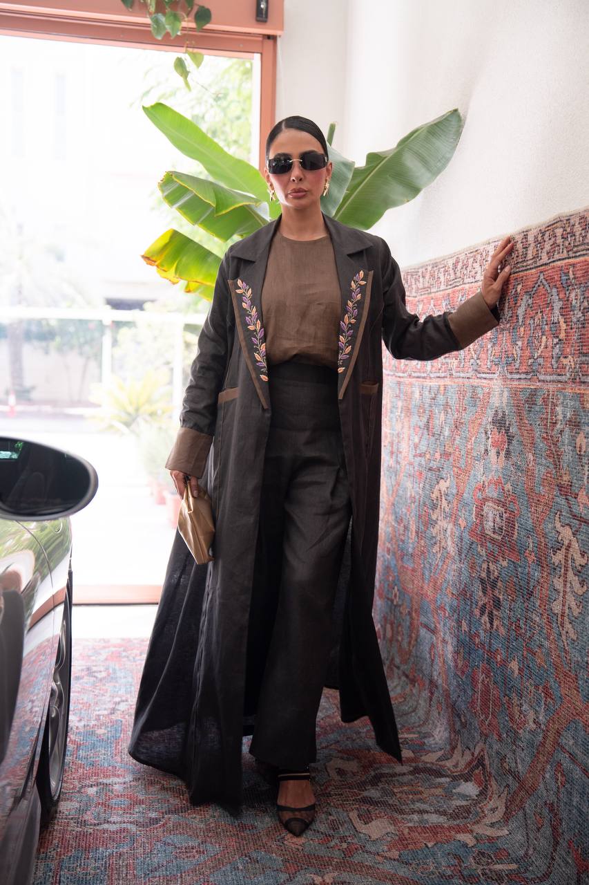 Black linen blazer abaya with embroidery.C:6806