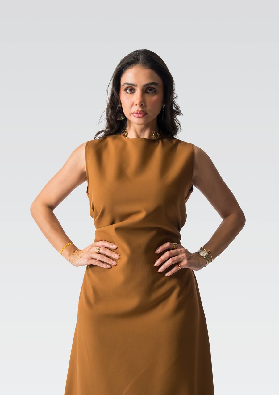 Camel-colored crepe dress.C:258