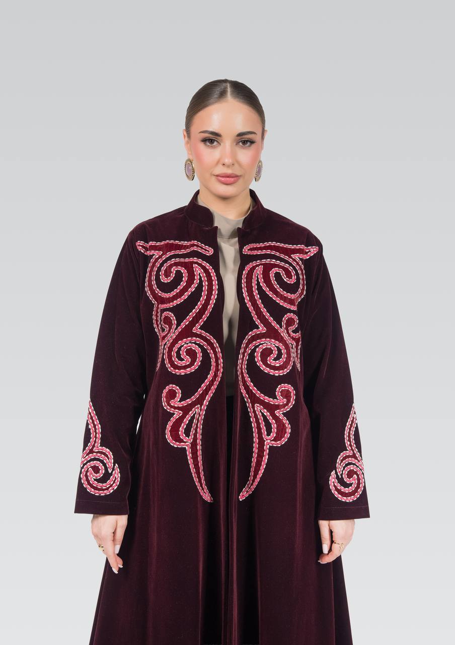 Burgundy velvet abaya with embroidery.C:6842