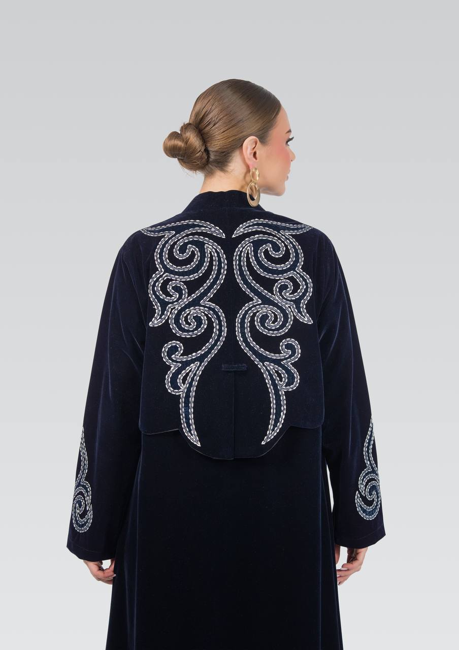 Navy blue velvet abaya with embroidery.C:6842