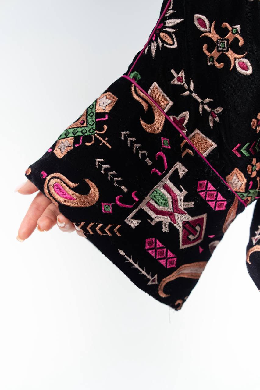 Black velvet bisht with embroidery.C:6844