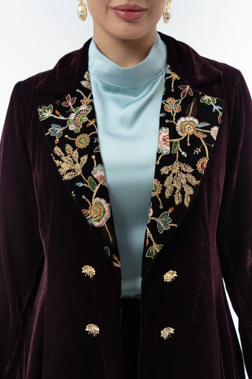 Burgundy velvet abaya with embroidery.C:6845