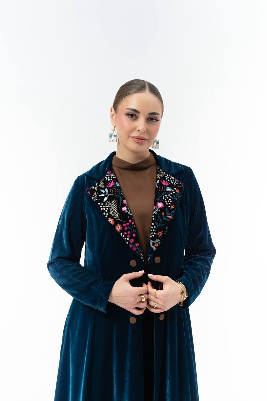 Navy blue velvet abaya with embroidery.C:6845 Blue