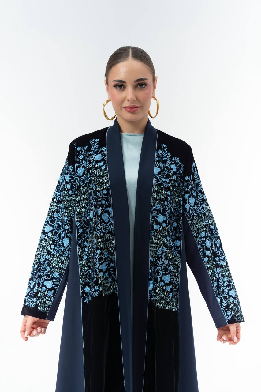 Embroidered velvet and crepe abaya.C:6835Blue
