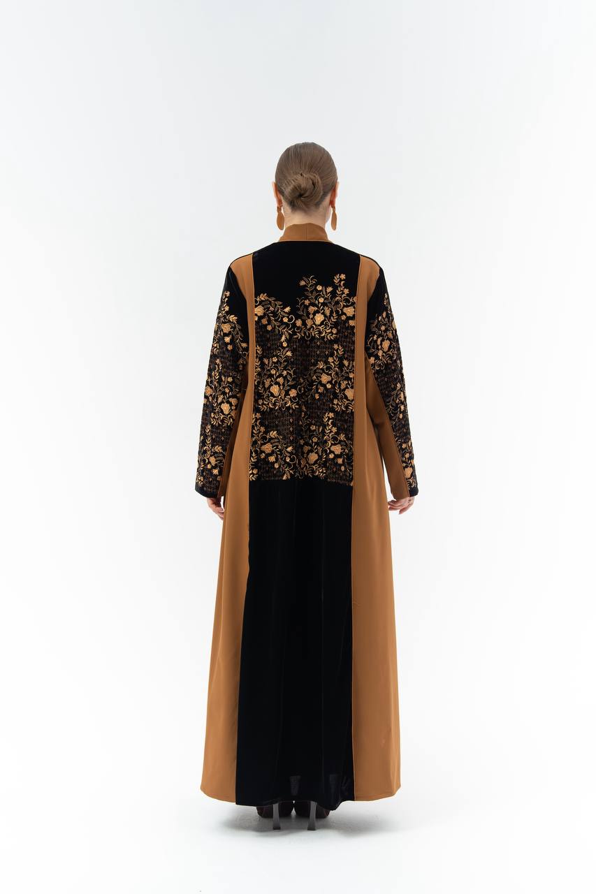 Embroidered velvet and crepe abaya.C:6835 Orange