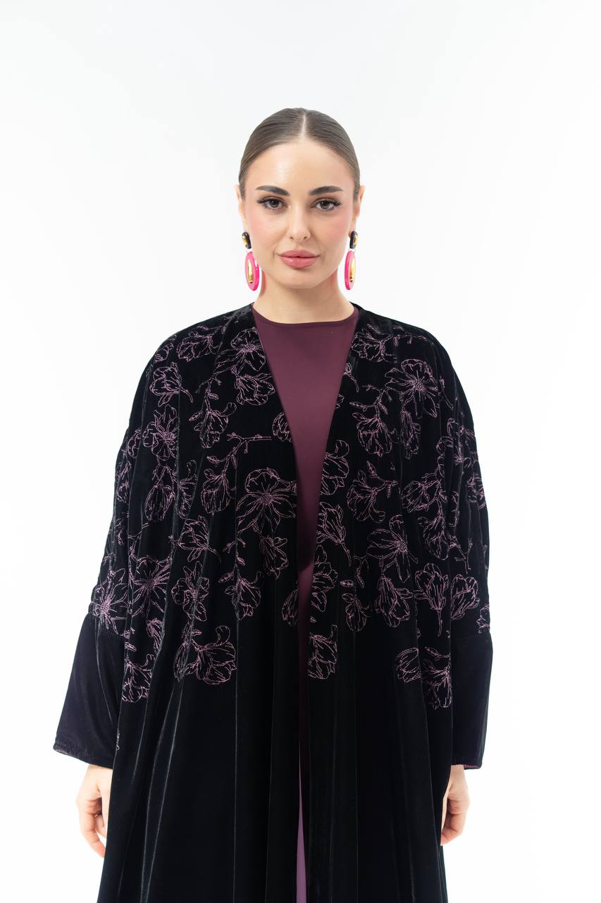 Black velvet Bisht-style abaya with embroidery.C:6843 Pink