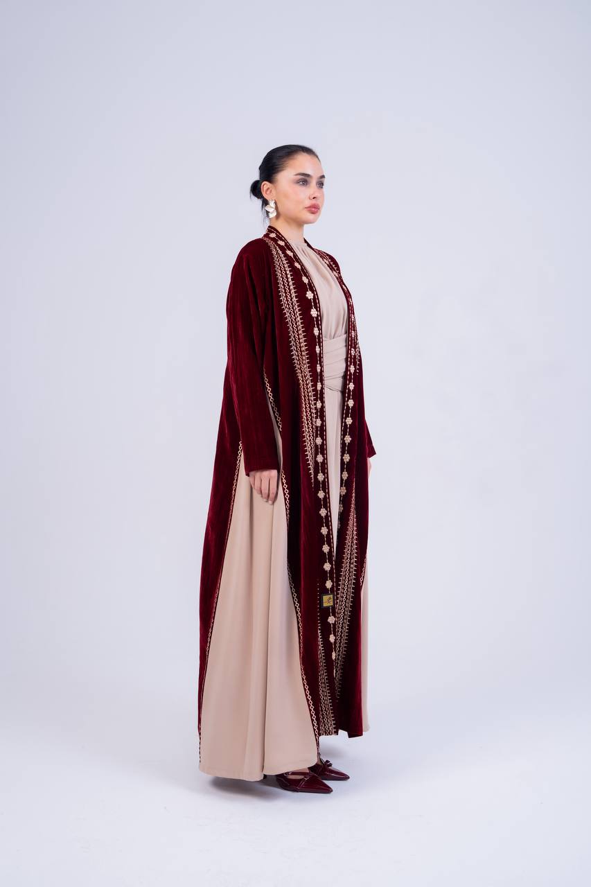 Velvet and crepe abaya with embroidery.C:6852