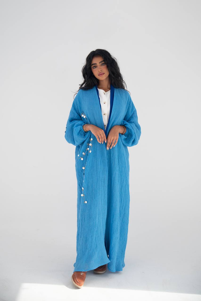 Blue linen abaya with hand embroidery C:6647