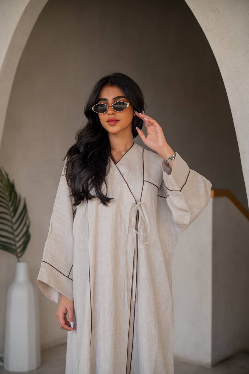 Abaya with inner set, beige, linen C:6635 (Free size)