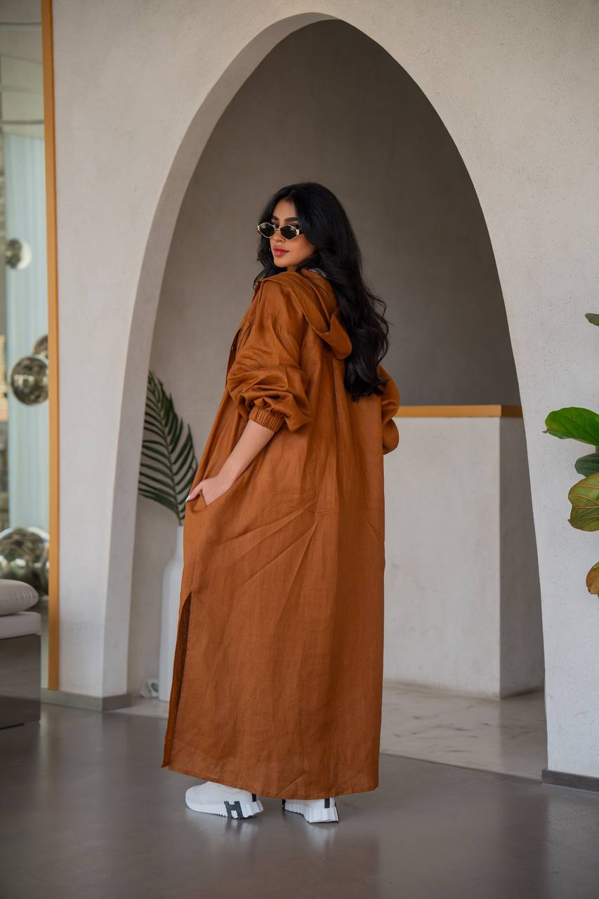 Free size linen abaya in camel color, with inner set C:6634 (Free size)