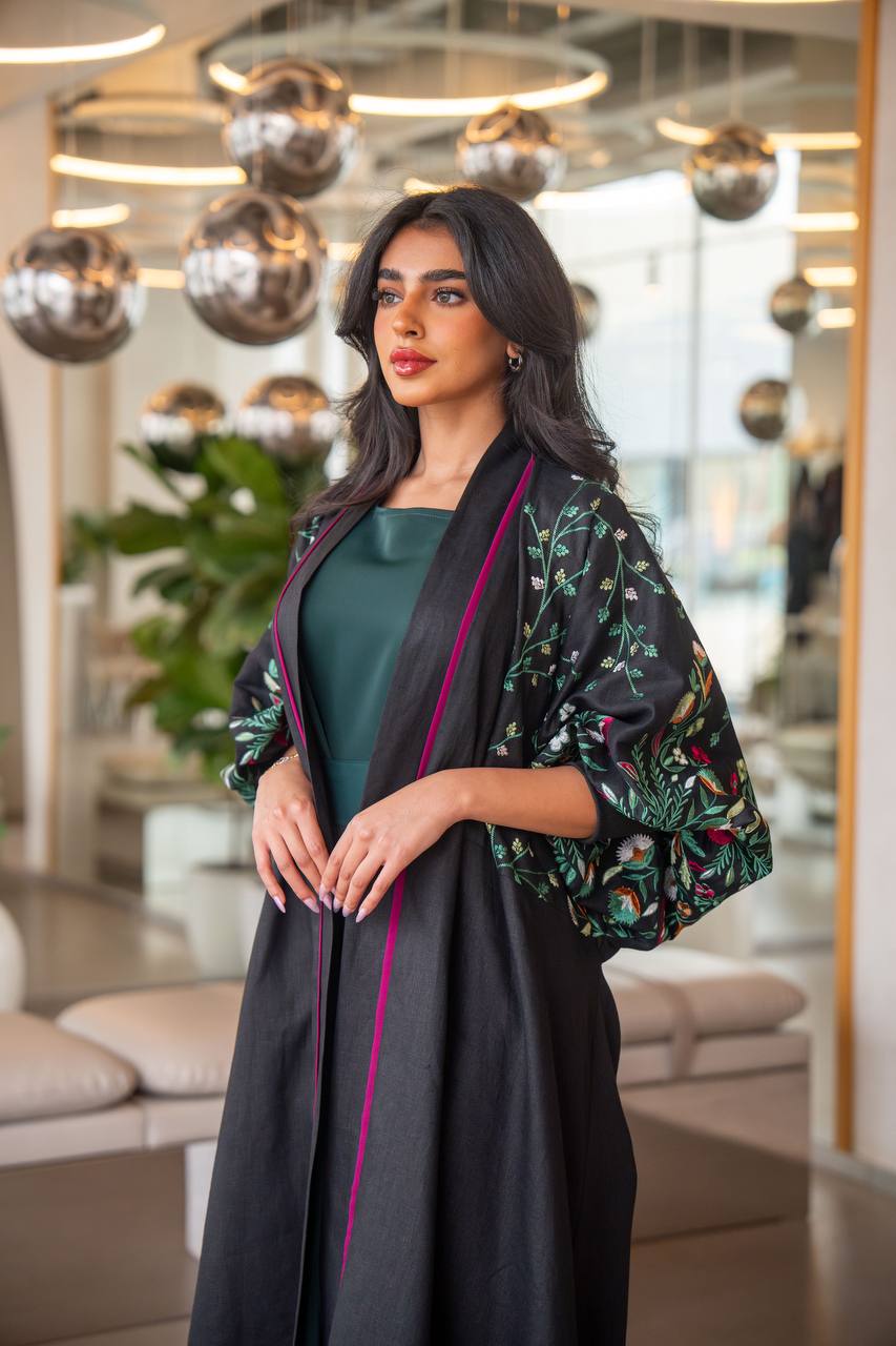 Free size black linen abaya with embroidery C:6631 GREEN (Free size)