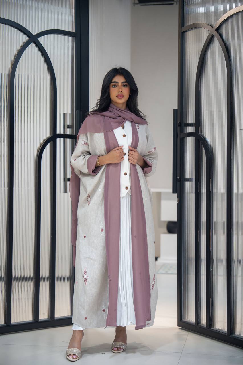 Light beige linen abaya with embroidery C:6622 Beige (Free size)